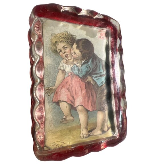 Antique Victorian James Pearsall Advertising Paperweight Clear Glass Red Felt - Picture 2 of 5